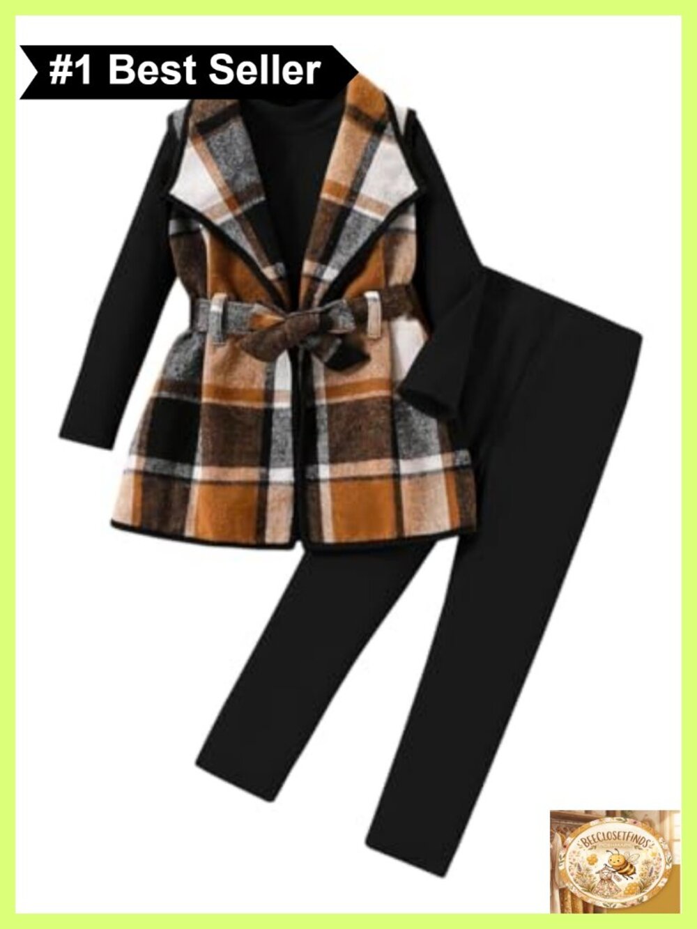 Girls 3 Piece Plaid Flannel Vest Top Leggings Set Fall Outfit